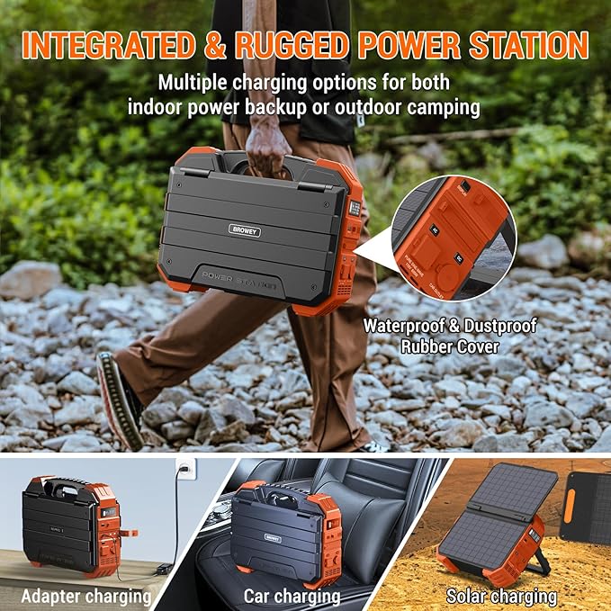 BROWEY Portable Power Station, 1000W Solar Generator with Built-in Solar Panel, 614WH/192000mAh LiFePO4 Battery Pack, AC/DC/USB/PD Outputs, for Outdoor Camping, RV Travel, Emergency Preparedness