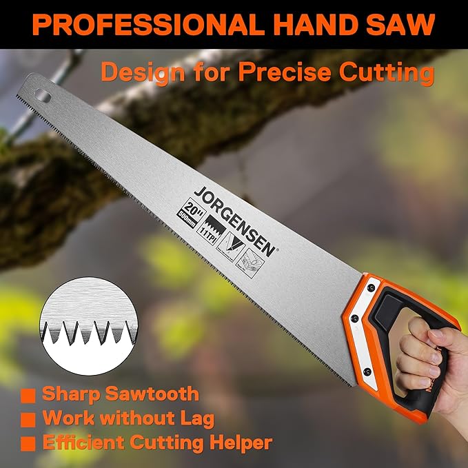 JORGENSEN 20 Inch Pro Hand Saw, 11 TPI Fine-Cut Ergonomic Non-Slip Aluminum Ultrasonic Welding Handle for Sawing, Trimming, Gardening, Woodworking, Drywall, Plastic Pipes