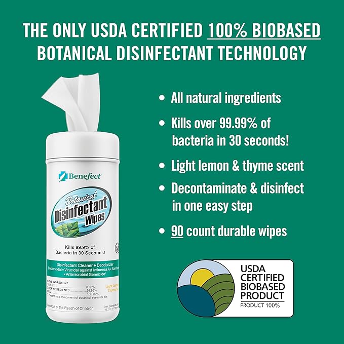Benefect Botanical Disinfecting Wipes - (90 Wipe Count) Natural, No Residue - Antibacterial Disinfectant, Multi-Surface Cleaning and Sanitizing Wipes