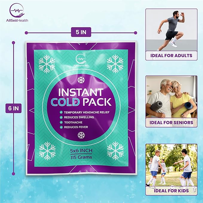 Disposable Instant Ice Packs for Injuries 100 Packs (6” x 5”) | Instant Ice Cold Pack - Cold Compress Ice Pack for Pain Relief, First Aid Essential, Swelling, Toothache, Athletes & Outdoor Activities