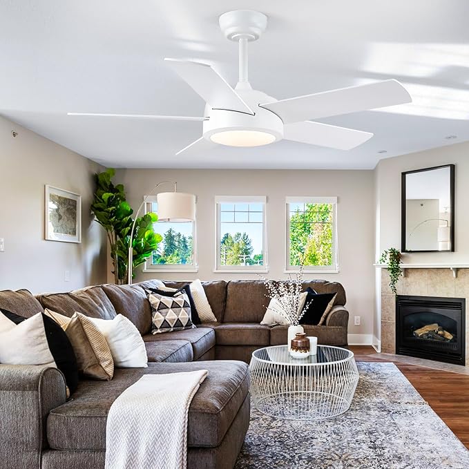 Ceiling Fans with Lights - 42" Low Profile Ceiling Fan Lights with 5 Blades, White Modern Ceiling Fan with Lights and Remote/APP, Dimming, 3CCT, Fan Light Fixture for Indoor Covered Outdoor