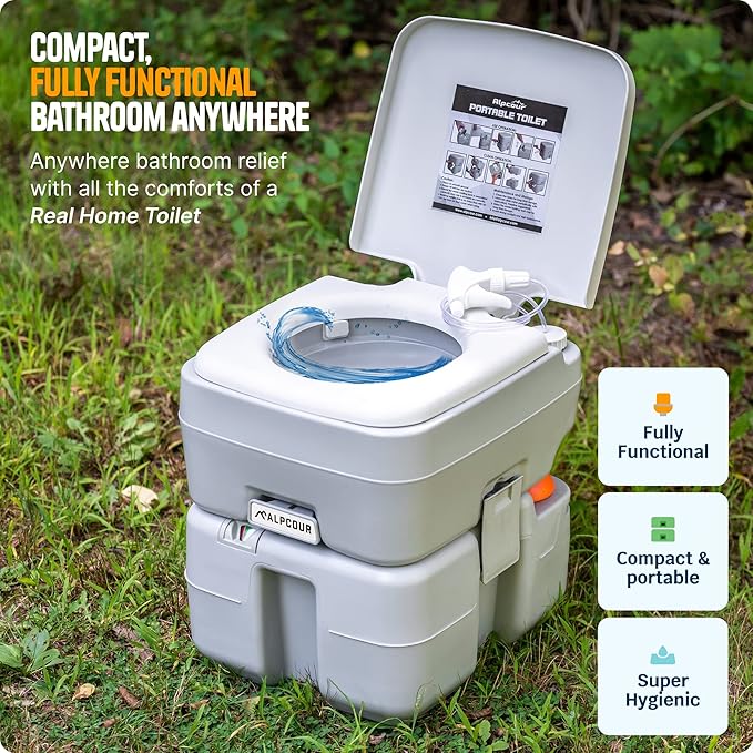 Alpcour Portable Toilet – Compact Indoor & Outdoor Commode w/Travel Bag for Camping, RV, Boat – Piston Pump Flush, 5.3 Gallon Waste Tank, Built-In Pour Spout & Washing Sprayer for Easy Cleaning