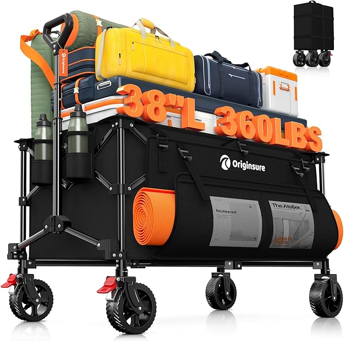 38" L Collapsible Wagon Cart Foldable, 360LB Load Capacity 220L Heavy Duty Folding Beach Wagons with All-Terrain Wheels, Utility Carts for Camping, Sports, Shopping, Groceries - Black