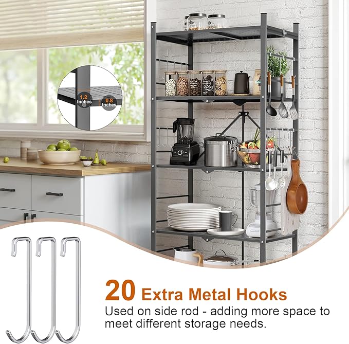 Himix Storage Shelves with 20 Hooks, 5-Tier Foldable Shelves for Storage, Folding Shelf Unit Pantry Shelves Bookshelf with Wheels, Vendor Display Racks for Craft Shows, Home, Grey - No Assembly