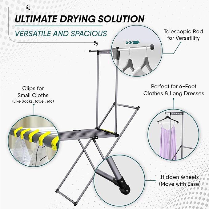 Clothes Drying Rack with Sock Clip, No Assembly, Telescopic Hanging Rod for Long Clothing, Metal Construction, Non-Slip Feet, Hidden Wheels, Foldable, Portable, For Laundry Room, Indoor & Outdoor