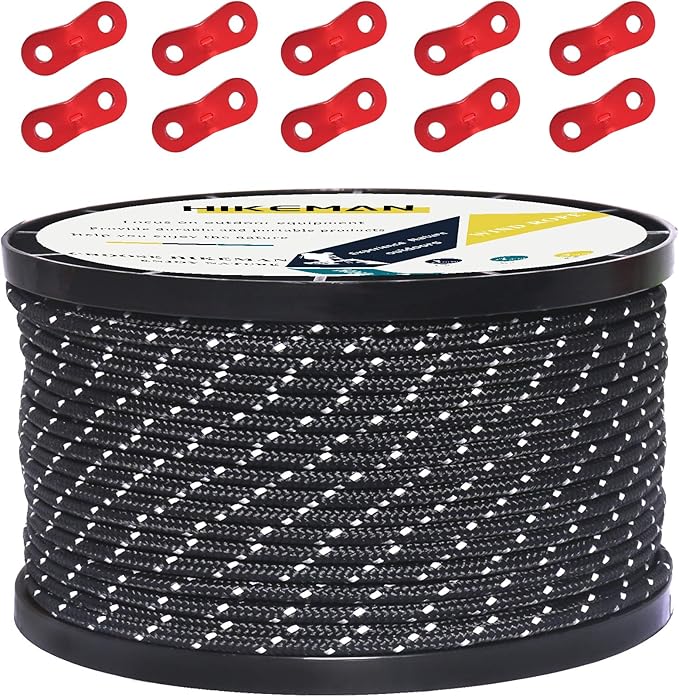 HIKEMAN 50m Reflective Guyline Solid Braid Nylon Camping Rope with Aluminum Adjuster Cord Tensioner Tent Accessory for Outdoor Travel,Hiking,Backpacking and Water Activities (Black, 3mm)