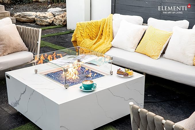 Elementi+ | Bianco Gas Fire Pit | Marble Porcelain & Metal Frame | 40" Square Fire Table | Electronic Ignition | Canvas Cover, Fire Glass & Burner Lid Included | White | Natural Gas