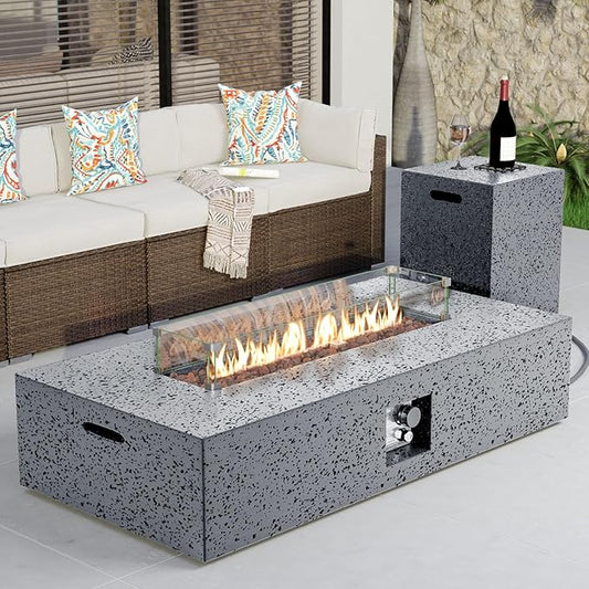 COSIEST 56 x 28 inch Outdoor Propane Fire Pit Coffee Table w Concrete Rectangle Base, CSA Certified, 50,000 BTU, Free Lava Rocks and RainCover, Fits 20lb Tank Outside, Wind Guard, Tank Cover, Gray