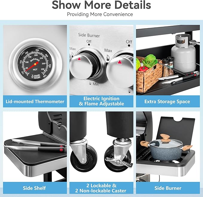 6 Burner Propane Gas BBQ Grill with Side Burner & Porcelain-Enameled Cast Iron Grate, 65,800 BTUs Barbecue Grill 665 Sq. In. Grilling Area, Outdoor Propane Grill for Camping Patio Backyard Cooking