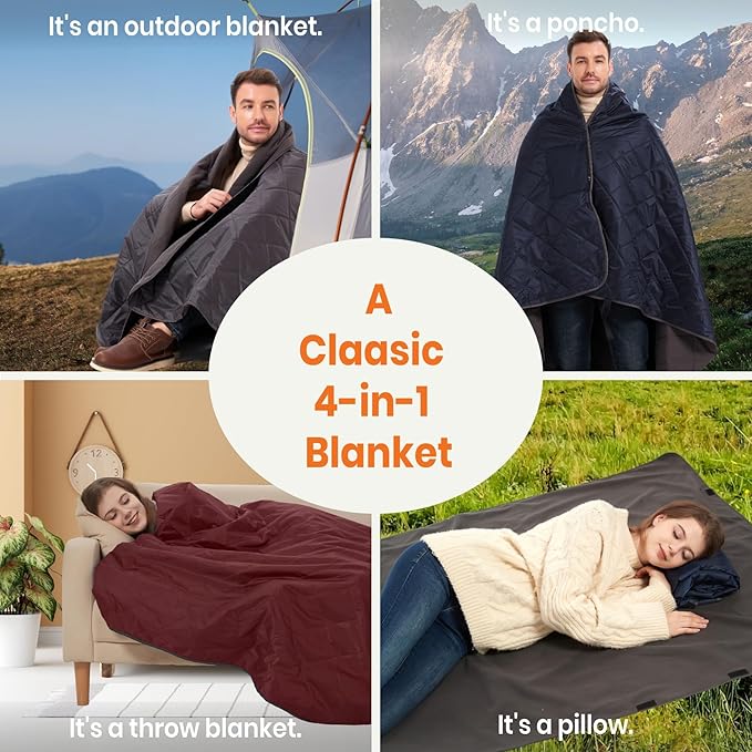4-in-1 Large Outdoor Blanket - Waterproof & Windproof Thickened Warm Fleece Camping Blanket for Stadium, Hiking, Sporting Events - 81"x57", Packable (Sapphire Blue)