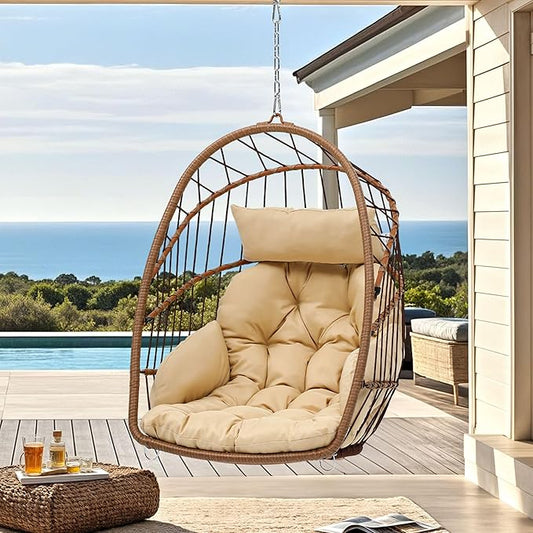 DWVO Egg Chair Without Stand, Basket Chair Hanging Outdoor Rattan Wicker Patio Hammock Indoor Egg Chair with Cushion, Hanging Swing Chair 300lbs for Porch, Garden, Bedroom, Balcony, Beige