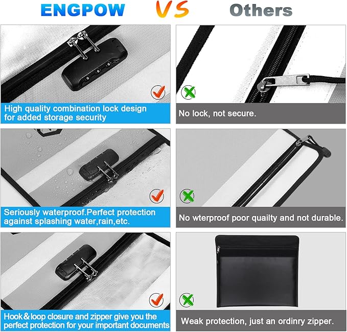 ENGPOW Fireproof Document Bag with Lock (5200℉),15”x 11” Fireproof Money Pouch with Zipper, Fireproof File Safe Storage Organizer Holder for Valuables,Cash,A4 Legal Important Documents and More