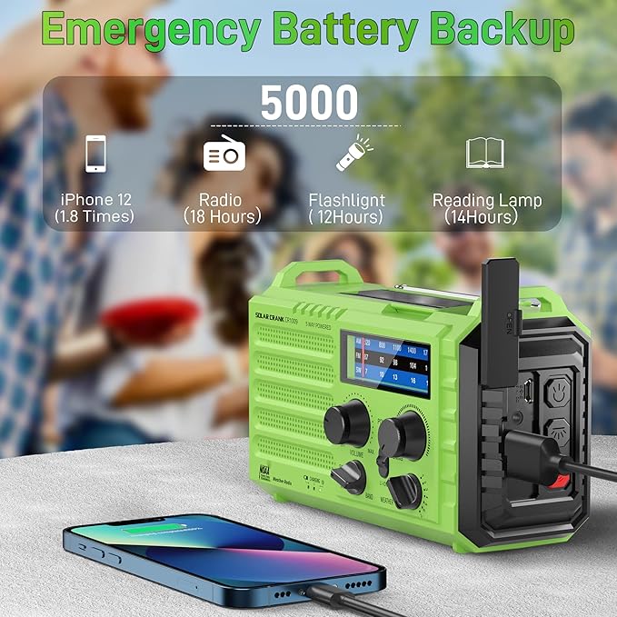Emergency Weather Radio – 18500mWh Portable AM/FM/SW/NOAA Radio with Solar Hand Crank, Rechargeable Battery, USB Charger, LED Flashlight, Reading Light, and SOS Alarm, for Home Outdoor (Green)