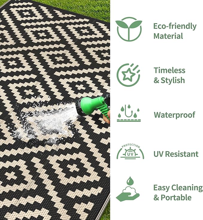 GENIMO Outdoor Rug for Patio Clearance,9'x12' Waterproof Large Mat,Reversible Plastic Camping Rugs,Rv,Porch,Deck,Camper,Balcony,Backyard (Black & Beige)