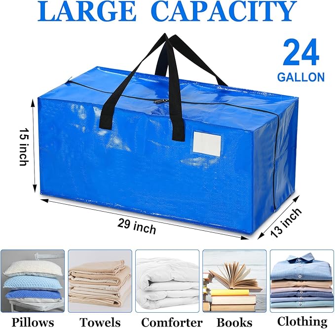 4 Pcs 24 Gallon Large Moving Bags with Zipper and Handles Foldable Storage Duffle Bags Heavy Duty Extra Large Totes for College Dorm Travel Clothes Blankets Bedding Moving (Blue)