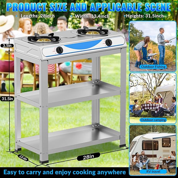 2 Burner Propane Gas Stove,19000BTU Portable Gas Stove with Support Leg Stand and Adapter Auto Ignition Camping Stove,propane burner for RV, Apartment, Outdoor Cooking