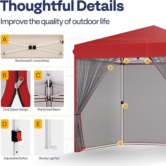 VIVOHOME 8x8ft Easy Pop-Up Canopy, Outdoor Screen Tent with Mosquito Netting, 2 Zipper Doors, and Roller Bag for Yard Camping Picnic Party Events, Red