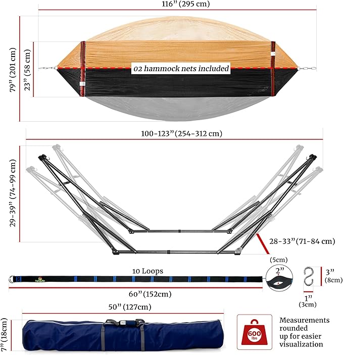 Tranquillo Universal Hammock with Stands Electro Static Coated Steel, Adjustable Foldable Hammock Stand with 2 Layered Polyester Net and Carry Bag for 2 Persons (Combo - Yellow)