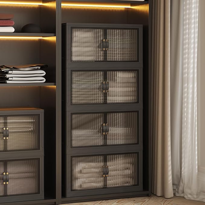 JONZEN 105Gal Extra Large Storage Bins with Lids, 420QT Stackable Collapsible Bins with Doors Wheels, Closet Organizers and Storage, Foldable Plastic Box Cabinet for Home Garage, 4Pack Black