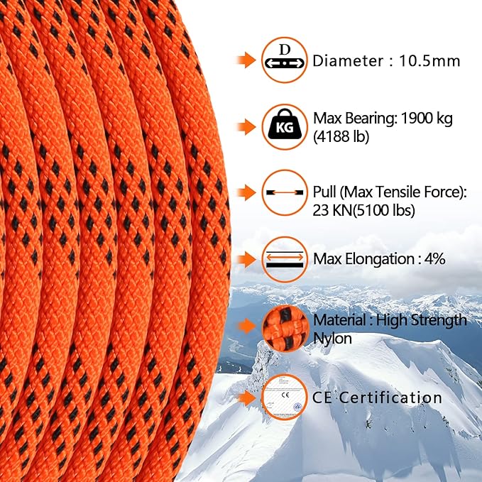 AOLEBA 10.5 mm Static Climbing Rope 10M(32ft) 20M(64ft) 30M(96ft) 50M(160ft) 70M(230ft) Outdoor Rock Climbing Rope, Escape Rope Ice Climbing Equipment Fire Rescue Parachute Rope