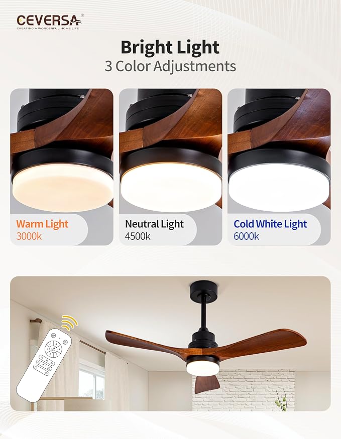 42 Inch Wood Ceiling Fans with Lights and Remote, 3 Blades Outdoor Walnut Ceiling Fans for Patio, Noiseless Reversible DC Motor, for Living Room, Farmhouse, Indoor