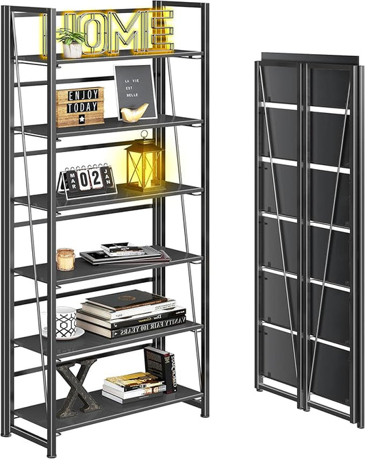4NM No Assembly Folding Bookshelf, 6-Shelf 74" H Collapsible Foldable Bookcase Storage for Small Spaces, All Black
