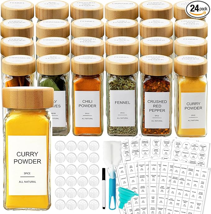 AISIPRIN Glass Spice Jars with 398 Labels, 24 pcs 4oz Spice Containers with Bamboo Lids, Square Spice Bottles With Shaker Lids,Spice Organization for Cabinet,Drawer,Rack,Seasoning Organizer