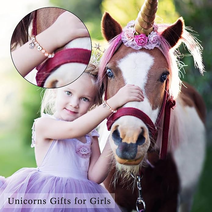 Hidepoo Unicorn Bracelet Gifts for Girls - Adjustable Pink Pearl and Rhinestone Balls Heart Initial Unicorn Bracelets Jewelry CZ Unicorn Bracelet Birthday Gifts for Girls