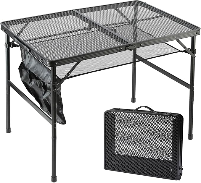 Folding Metal Camping Table with Mesh Layer, Portable & Lightweight Grill Table for Outdoor, 2 Adjustable Heights, Metal Mesh Tabletop for Camping Cooking, Medium Size (2.95 FT, Black)