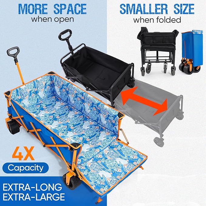 26"W Extra Wide 55"L Extra Long Beach Wagon with Tailgate,Heavy-Duty Utility Cart with 400 lbs Capacity, Compact Fold Design, Ideal for Beach, Camping, Groceries, and Outdoor Adventures