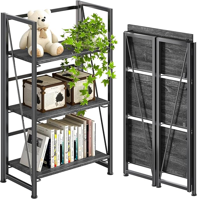 4NM No-Assembly Folding Bookshelf Storage Shelves 3 Tiers Vintage Bookcase Standing Racks Study Organizer Home Office (Gray Black)