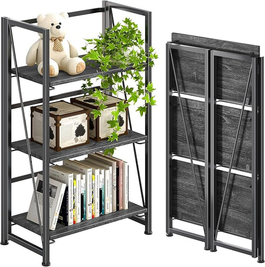 4NM No-Assembly Folding Bookshelf Storage Shelves 3 Tiers Vintage Bookcase Standing Racks Study Organizer Home Office (Gray Black)