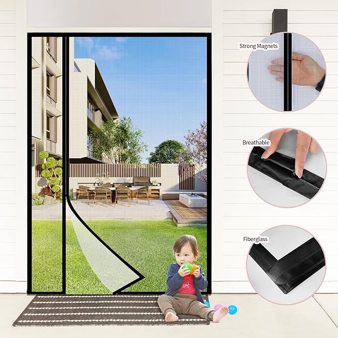 Fiberglass Magnetic Door Screen Fit Door Size 72 x 80 Inch, Sunmoxia Reversible Left or Right Side Opening Durable Reinforced Mesh Curtain, Heavy Duty Screen Door
