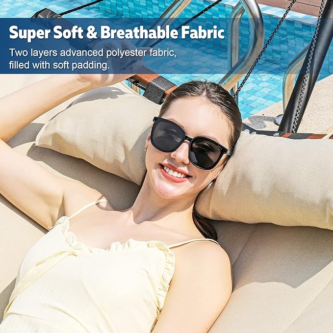 TegerDeger 12FT 2 Person Hammock with Stand Included 55 x 79IN Large Hammock 450LB Capacity with Hardwood Spreader Bar & Nylon Rope for Outside, Patio, Garden, Backyard, Beach, Poolside - Beige