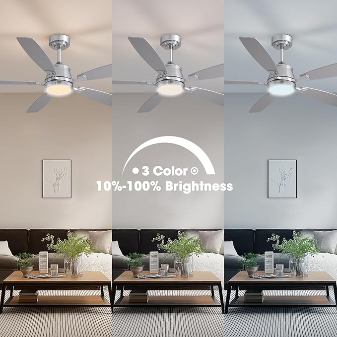 52" Ceiling Fan with Light, Modern Low Profile Ceiling Fan with Light, DC Reversible Motor, Smart APP & Remote Control, Whisper Quiet, Dimmable LED for Bedroom/Living Room