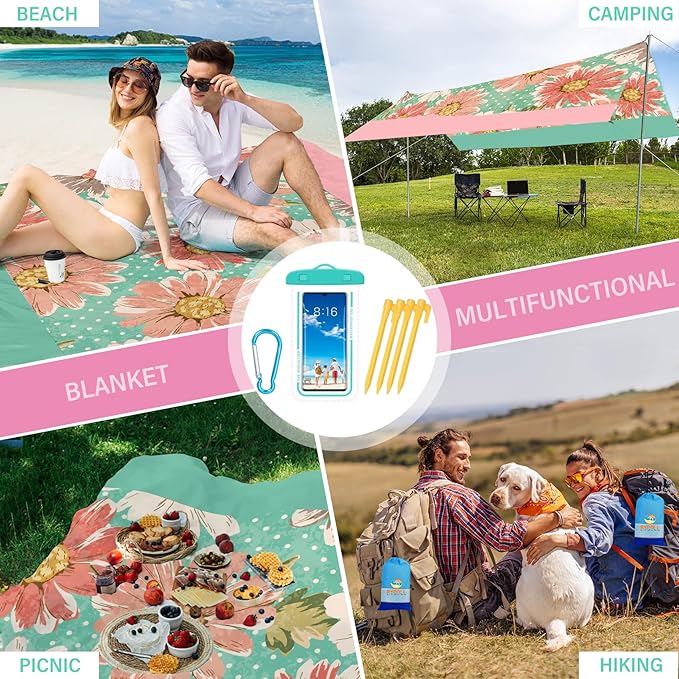 BYDOLL Beach Blanket Waterproof Sandproof 78''×110'' Suits1-7 Adults Compact Lightweight Oversized Sand-Free Blanket Large Picnic Mat for Beach Travel Camping Hiking