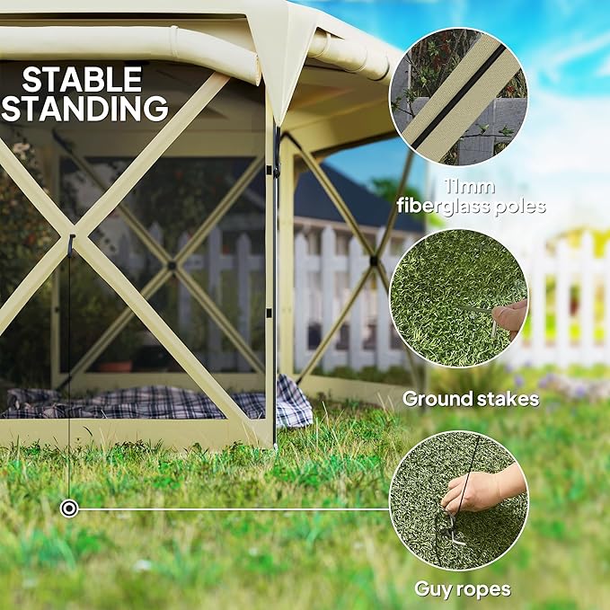 Outsunny Pop Up Gazebo Screen Tent House, 11 x 11ft with UPF30+ Removable Roof Cover, 4 Roll-up Wind Panels and Carry Bag for Camping, Patio, Backyard, Lawn, Beige