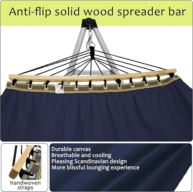 Tranquillo Ultimate Relaxation Portable Hammock Stand, Foldable Hammock Stand with Canvas Hammock, Spreader Bar, Quick Fold Unfold in 30 Seconds Steel Frame Hammock 600 lbs Capacity, White Frame, Navy