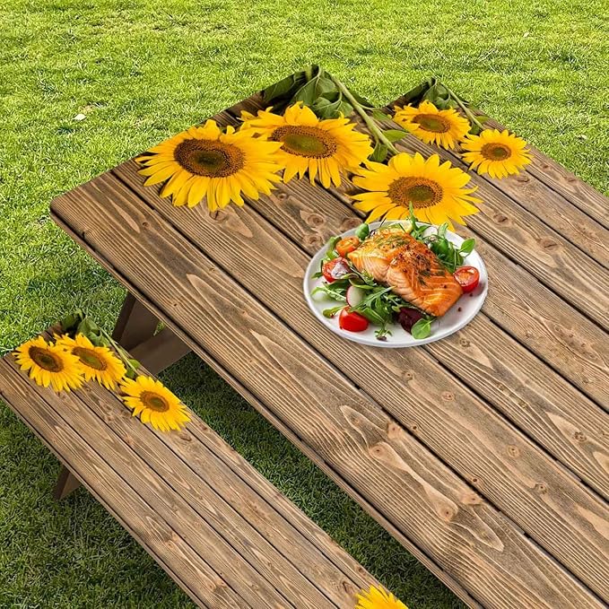 CAPSCEOLL Picnic Table Cover with Bench Covers 8Ft Waterproof Camping Tablecloth All-Weather Outdoor Table Protector with Drawstring Bag for Camping Essentials, 96X30In, Wooden Sunflowers