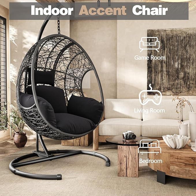 Oversized Hanging Egg Chair Outdoor Wicker Swing Chair with Stand Rain Cover UV Resistant Cushion 400lbs Capacity for Patio, Garden and Balcony