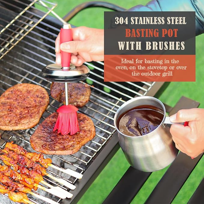 32 OUNCE BBQ Basting Pot with Brush，Grilling Gifts for Men/Women，Stainless Steel 304 Barbecue Sauce Container Brush Set，Airtight Melting Pot for Grill,Kitchen，Camping