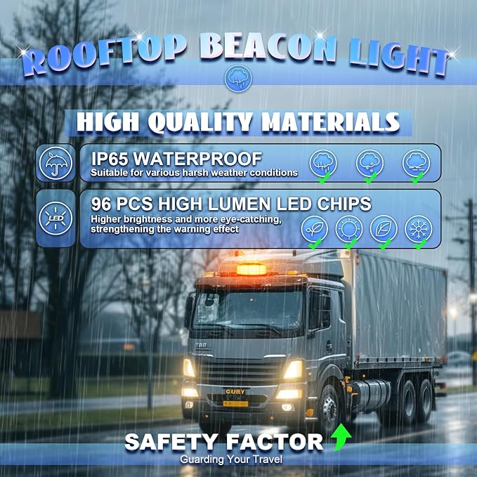 Amber Beacon Light, 96-LED Emergency Magnetic Beacon Light, 7" Magnetic Strobe Lights Rooftop Warning Caution Flashing Lights for 12V-24V Vehicles Trucks Service Tractor Forklifts Snow Plow