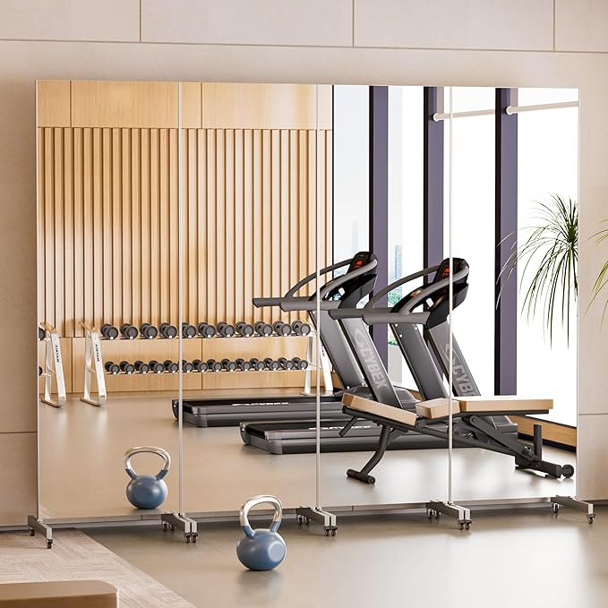 brisafe Home Gym Mirror 360° Swivel on Wheels, 71" X 24" Nano Film Super Lightweight Unbreakable Full Length Mirror for Yoga, Dance Studio, Silver