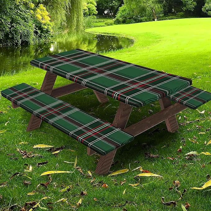 CAPSCEOLL Elastic Picnic Table Cover with Bench Covers 5Ft Waterproof Fitted Picnic Table Cover Cloths for Outdoors Camping Tablecloth with Drawstring Bag, 60X30in, Christmas Green Buffalo Plaid