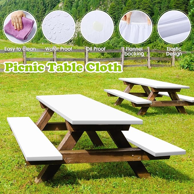 3 Pcs Picnic Table and Bench Fitted Tablecloth Cover for 6 Ft Table 30 x 72 Inch Vinyl Fitted Elastic Edges Waterproof Wipeable Tablecloth for Indoor Outdoor Travel Picnics Patio Camping (White)