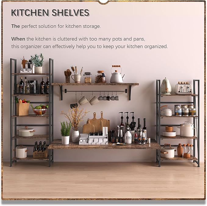 4NM No Assembly Folding Bookshelf, 5-Shelf 62.2" H Collapsible Foldable Bookcase Storage for Small Spaces, Rustic Brown and Black