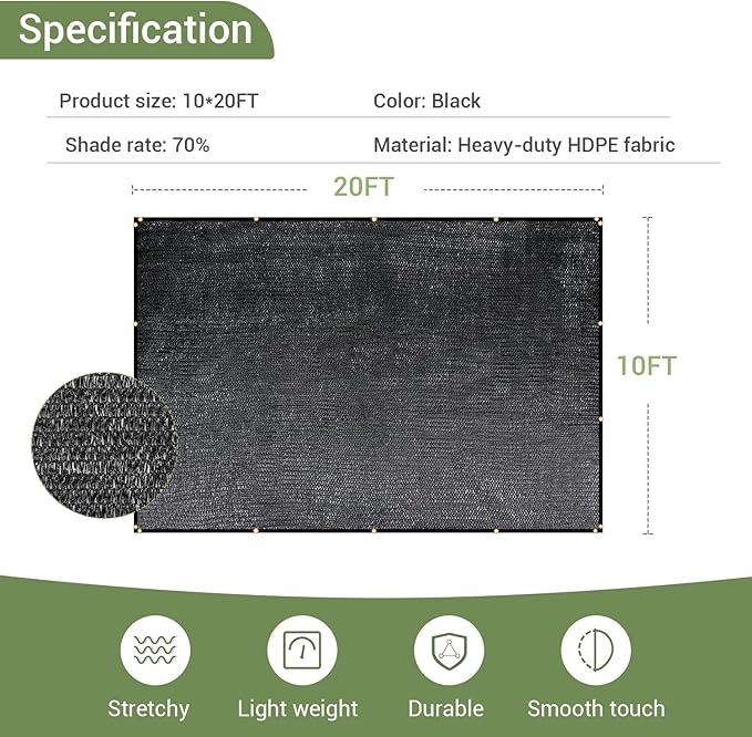 70% Garden Shade Cloth, 10x20FT HDPE Mesh Tarp with Upgraded Grommets, Keten UV-Resistant Outdoor Sun Shades for Greenhouse, Garden, Patio Plants, Pergola