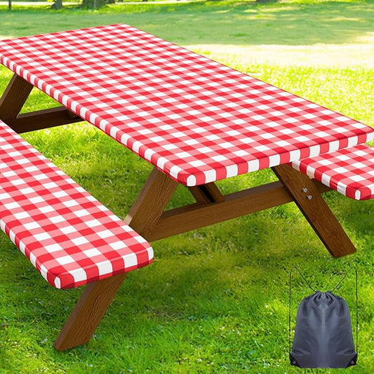 Smiry Picnic Table Cover with Bench Covers, Waterproof Elastic Fitted Tablecloths for 6 Foot Rectangle Tables, Washable Buffalo Plaid Tablecloth for Camping, Outdoor (Red & White, 30"x72")