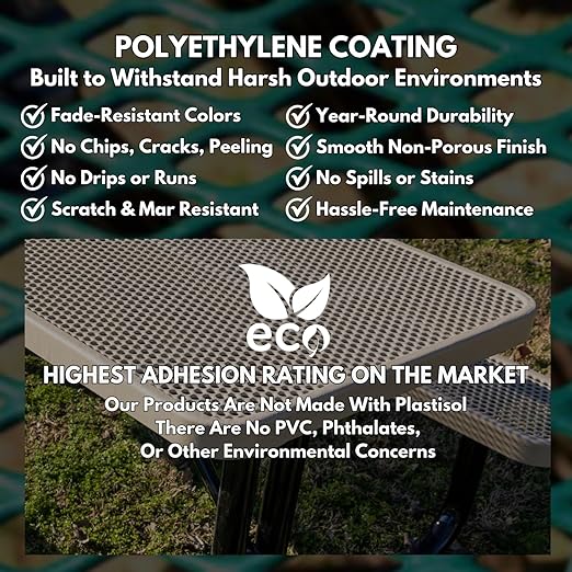 Coated Outdoor Furniture 32-Gallon Heavy-Duty Expanded Metal Round Trash Receptacle, Commercial Outdoor Waste Bin with Liner & Black Flat Top Lid – Made in America (Textured Dark Green)