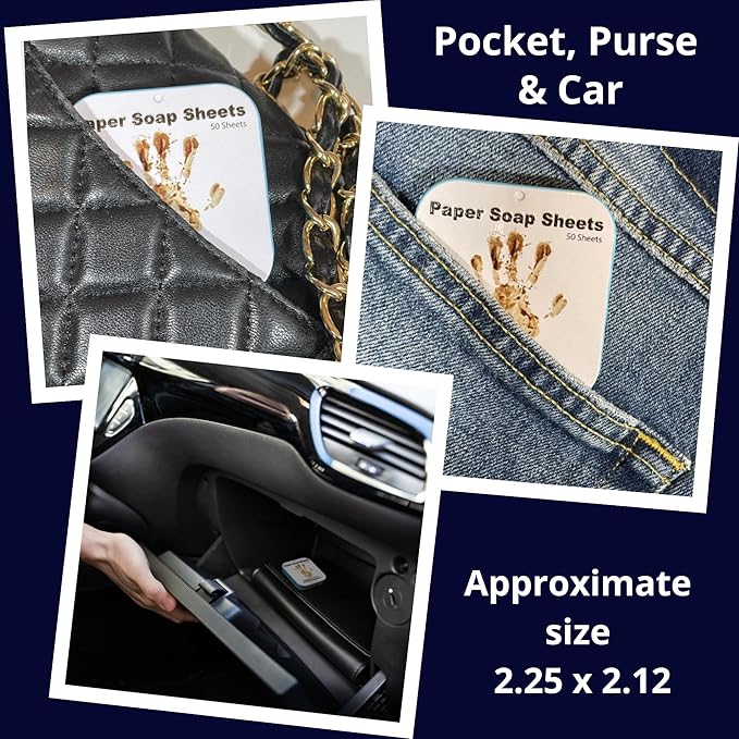 BORSALI Paper Soap Sheets - for Travel - Portable Dissolvable Dry Soap sheets; For Camping, Travel, Public Restrooms; 1 Case with 50 Pieces To Go;